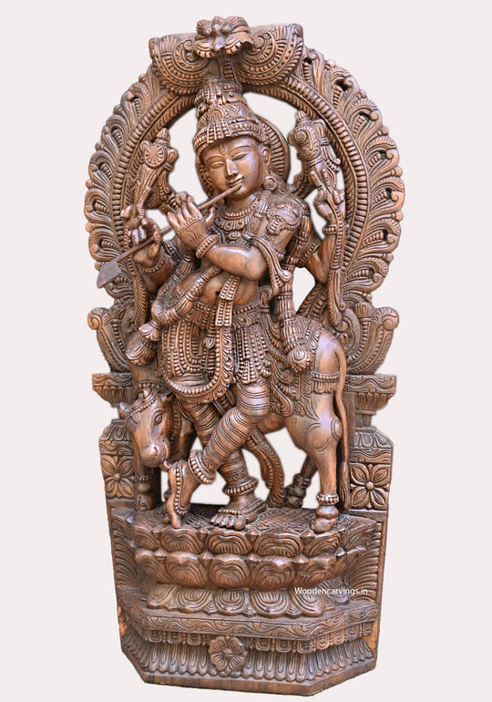 Prabhavali Standing Lord Jai Shree Krishna Playing With Flute and Animal Cow Handcrafted Sculpture 48.5"