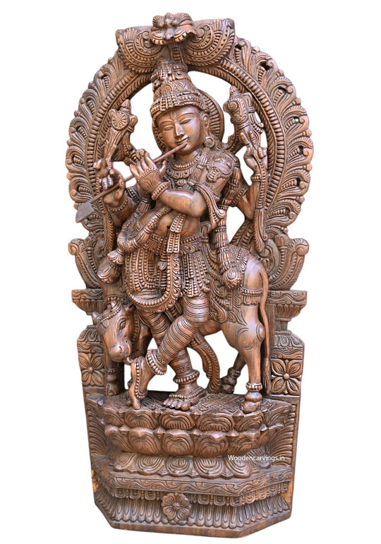 48.5" Handcrafted Prabhavali Krishna Statue – Divine Flute & Cow Sculpture