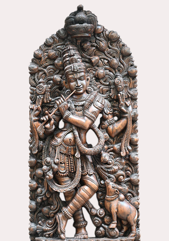 Standing Double Petal Lotus Beautiful Lord Krishna Playing With Flute Handcrafted Jali Work Wall Mount 71"