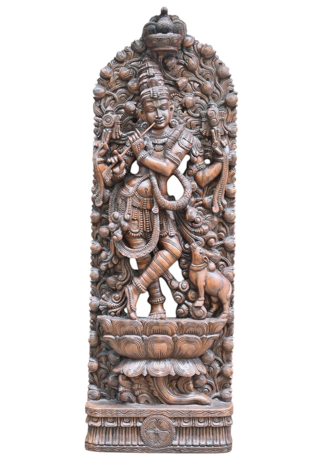 71.5" Fluting Venugopal Krishna Wooden statue Jali Work Masterpiece