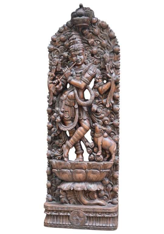 71.5" Fluting Venugopal Krishna Wooden statue Jali Work Masterpiece