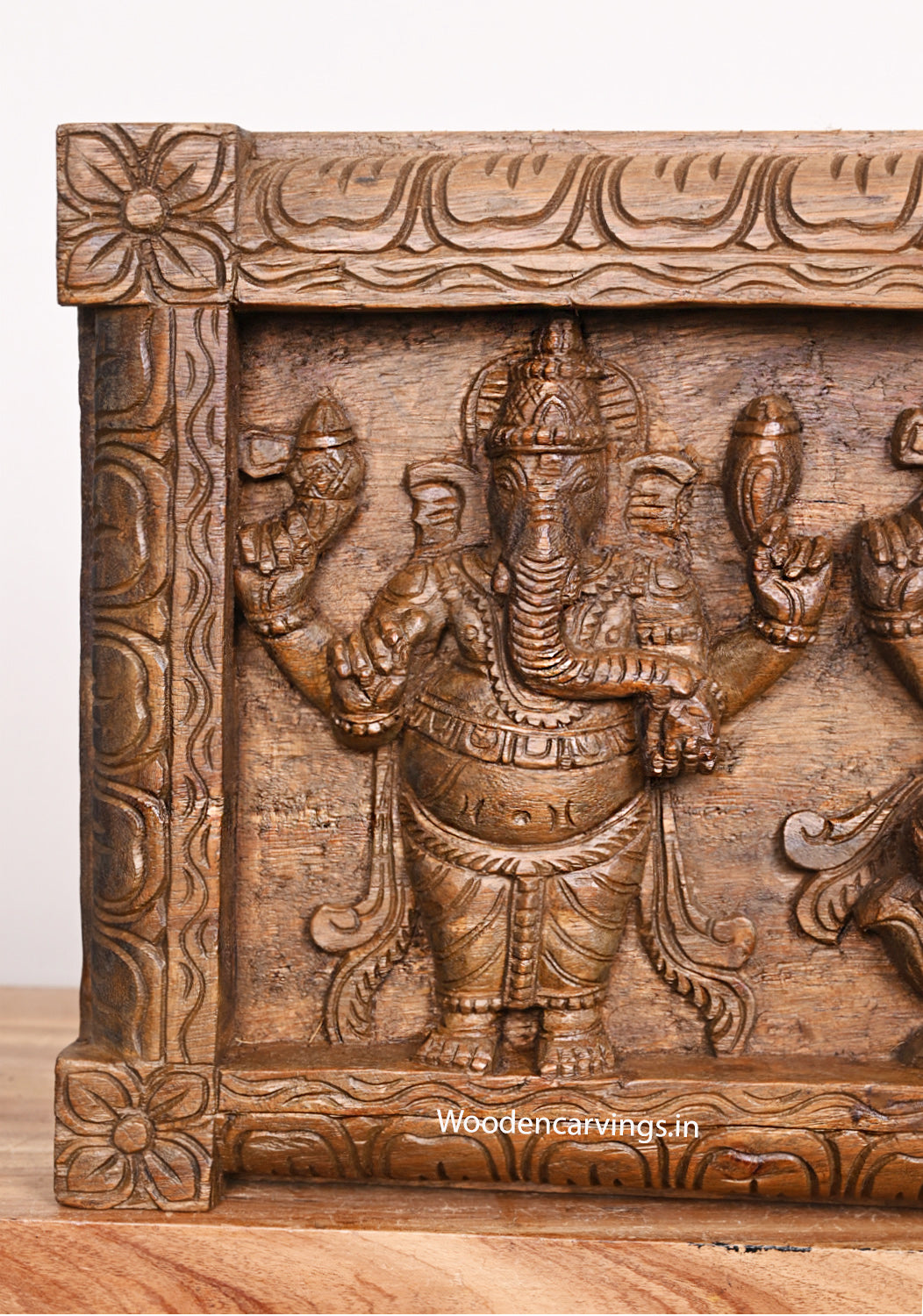 Five Different Figurine of Lord Ganapathy Carved in Hooks Fixed Horizontal Wooden Wax Brown Finishing Wall Panel 36"