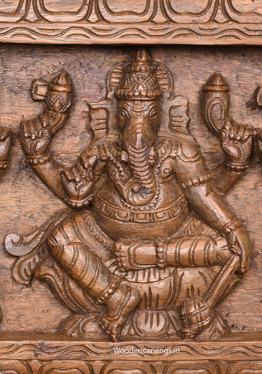 Five Different Figurine of Lord Ganapathy Carved in Hooks Fixed Horizontal Wooden Wax Brown Finishing Wall Panel 36"