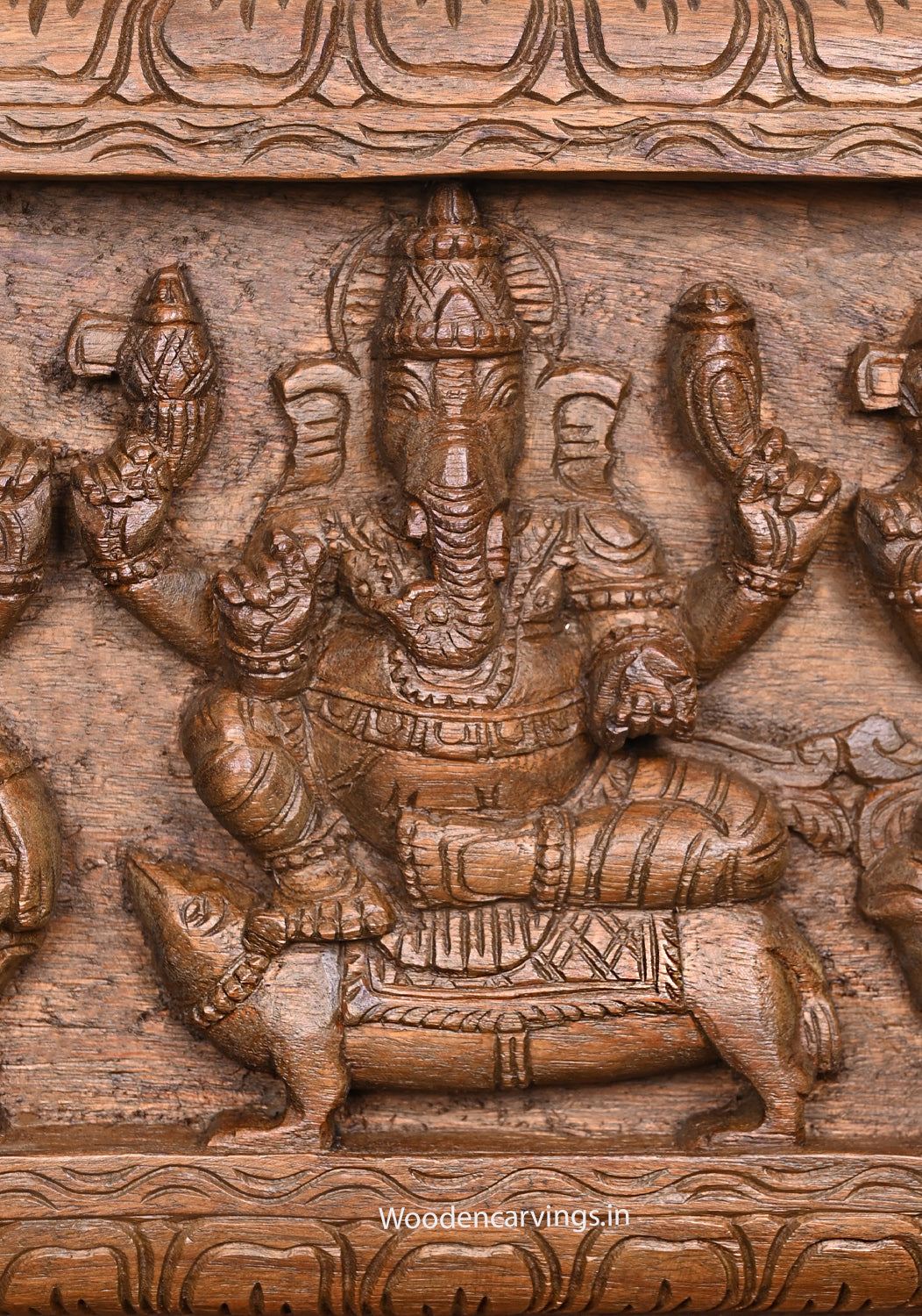 Five Different Figurine of Lord Ganapathy Carved in Hooks Fixed Horizontal Wooden Wax Brown Finishing Wall Panel 36"