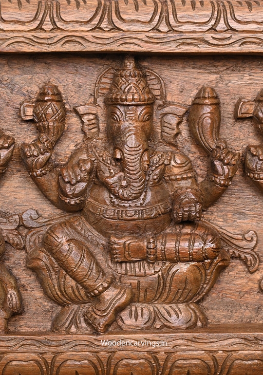 Five Different Figurine of Lord Ganapathy Carved in Hooks Fixed Horizontal Wooden Wax Brown Finishing Wall Panel 36"