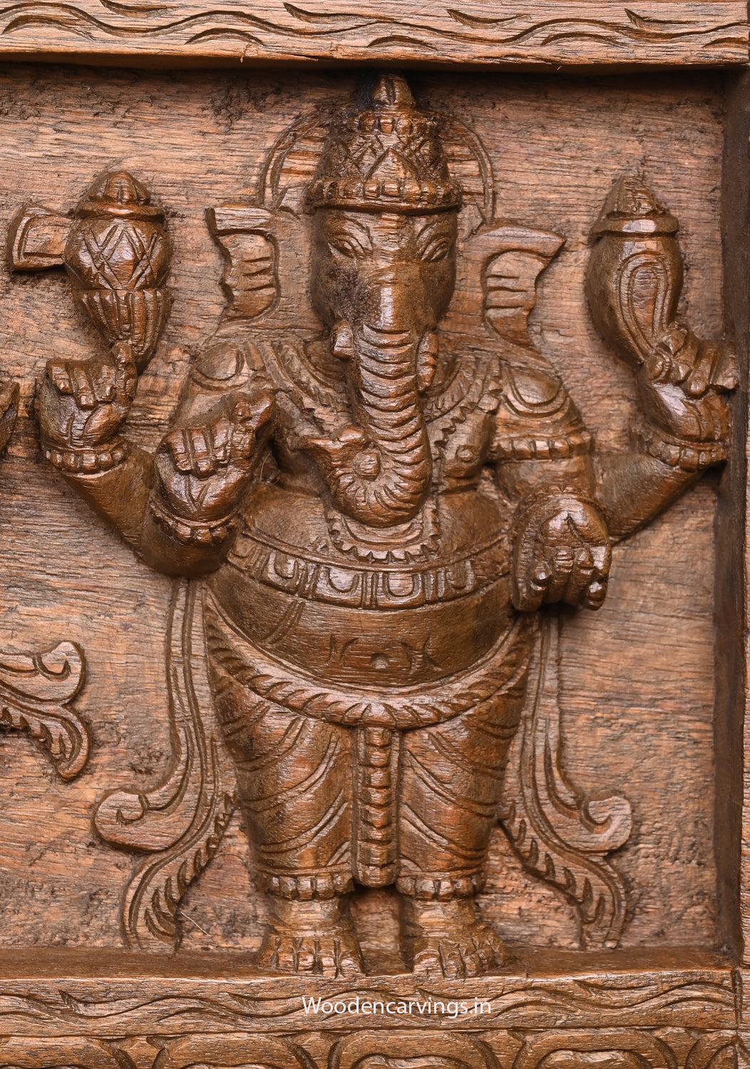 Five Different Figurine of Lord Ganapathy Carved in Hooks Fixed Horizontal Wooden Wax Brown Finishing Wall Panel 36"