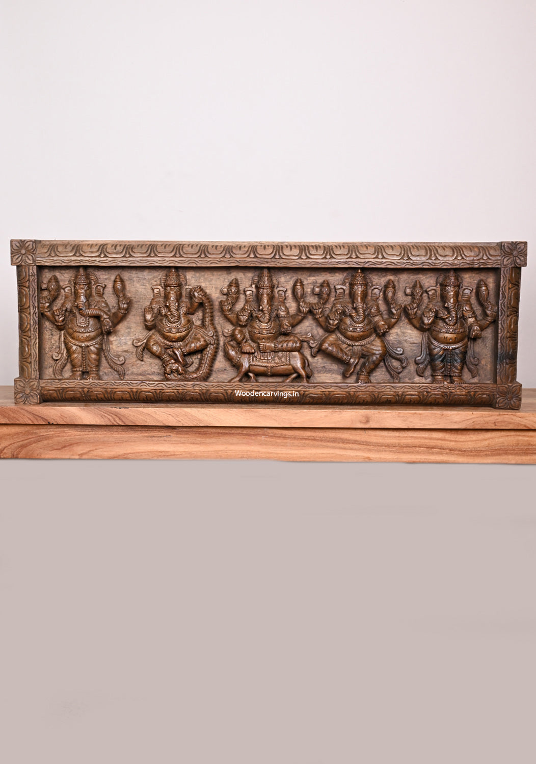 Five Unique Figurine of Lord Ganapathy Handcrafted Horizontal Wooden Wax Brown Finishing Wall Decor Wall Panel 36"