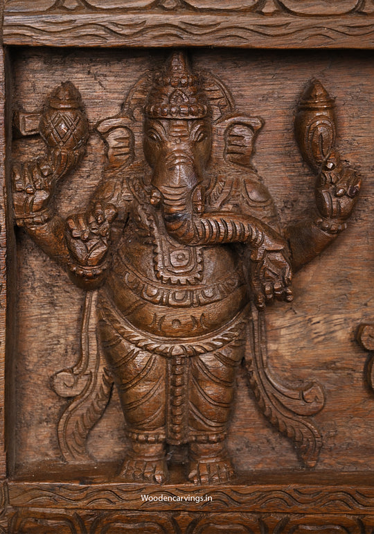 Five Unique Figurine of Lord Ganapathy Handcrafted Horizontal Wooden Wax Brown Finishing Wall Decor Wall Panel 36"