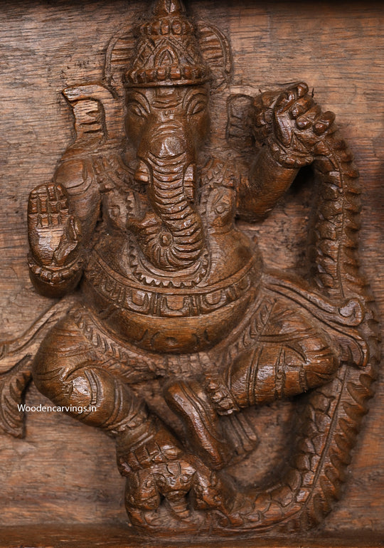 Five Unique Figurine of Lord Ganapathy Handcrafted Horizontal Wooden Wax Brown Finishing Wall Decor Wall Panel 36"