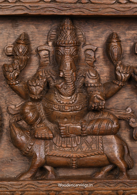 Five Unique Figurine of Lord Ganapathy Handcrafted Horizontal Wooden Wax Brown Finishing Wall Decor Wall Panel 36"