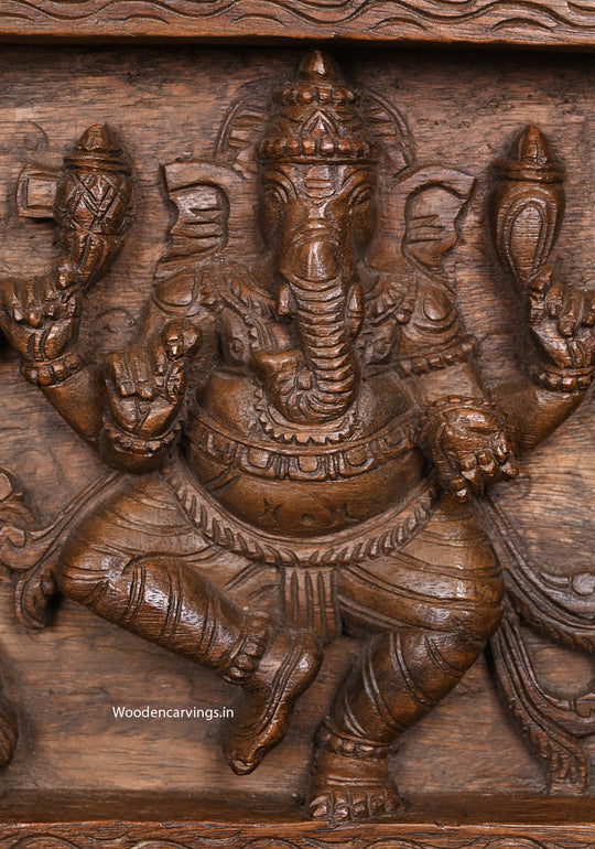 Five Unique Figurine of Lord Ganapathy Handcrafted Horizontal Wooden Wax Brown Finishing Wall Decor Wall Panel 36"