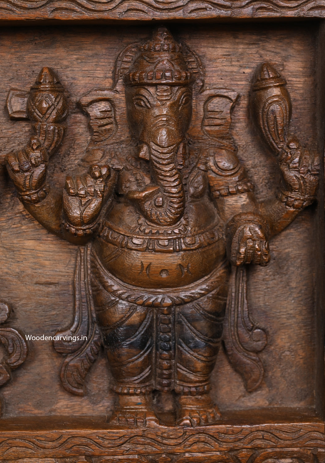 Five Unique Figurine of Lord Ganapathy Handcrafted Horizontal Wooden Wax Brown Finishing Wall Decor Wall Panel 36"