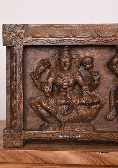 Horizontal Lambodara Ganapathy With Goddess Maha Lakshmi Devi Saraswathi Hooks Fixed Wooden Panel 36.5"