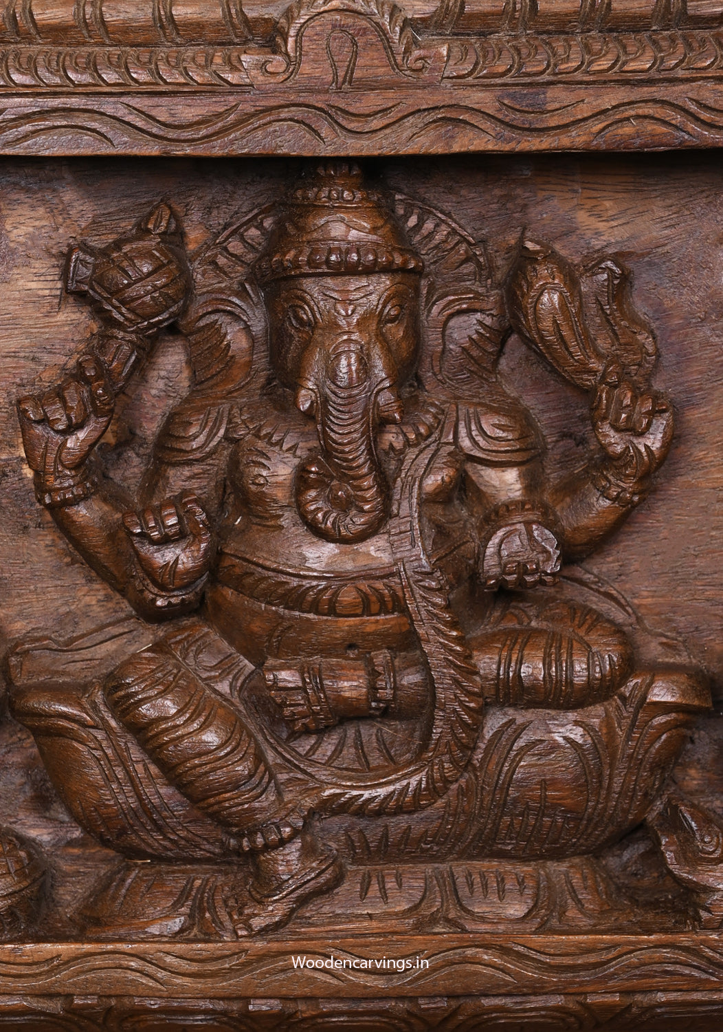 Horizontal Lambodara Ganapathy With Goddess Maha Lakshmi Devi Saraswathi Hooks Fixed Wooden Panel 36.5"