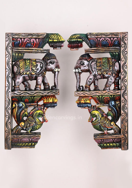 Hooks Fixed Light Weight Wall Decoration Wooden Elephants With Hamsa Bird Annapakshi Wall Brackets 18"