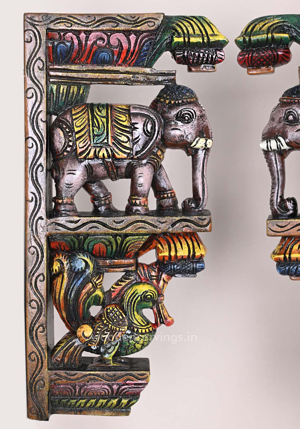 Hooks Fixed Light Weight Wall Decoration Wooden Elephants With Hamsa Bird Annapakshi Wall Brackets 18"