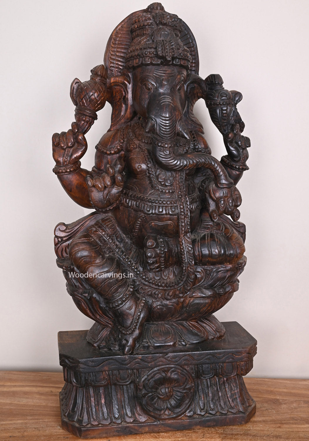 Wooden Ganapathy Eating Mothak on Double Petal Lotus Handcrafted Pooja Room Decor Vaagai Wood Sculpture 36"