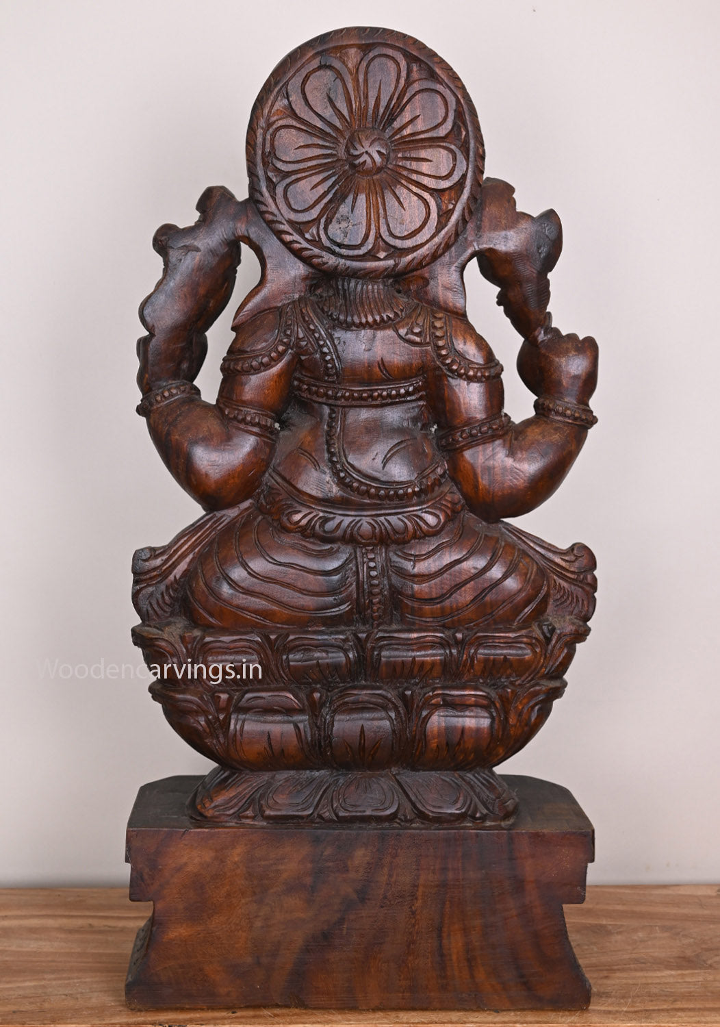 Wooden Ganapathy Eating Mothak on Double Petal Lotus Handcrafted Pooja Room Decor Vaagai Wood Sculpture 36"