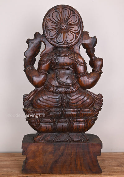 Wooden Ganapathy Eating Mothak on Double Petal Lotus Handcrafted Pooja Room Decor Vaagai Wood Sculpture 36"