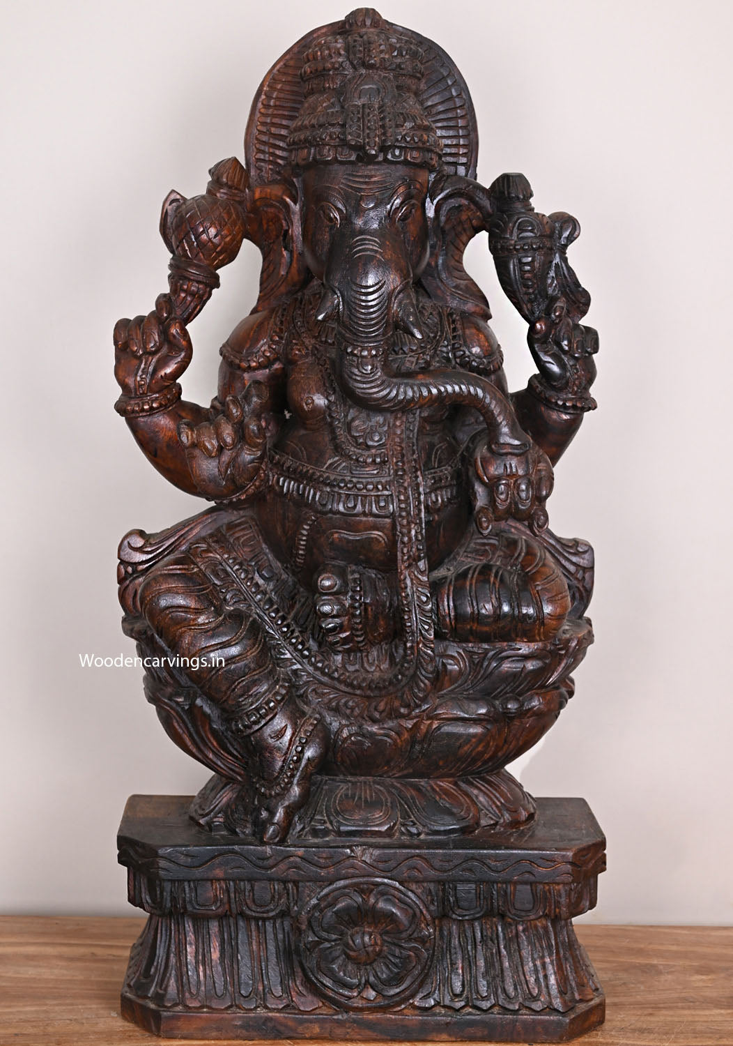 Wooden Ganapathy Eating Mothak on Double Petal Lotus Handcrafted Pooja Room Decor Vaagai Wood Sculpture 36"