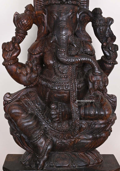 Wooden Ganapathy Eating Mothak on Double Petal Lotus Handcrafted Pooja Room Decor Vaagai Wood Sculpture 36"