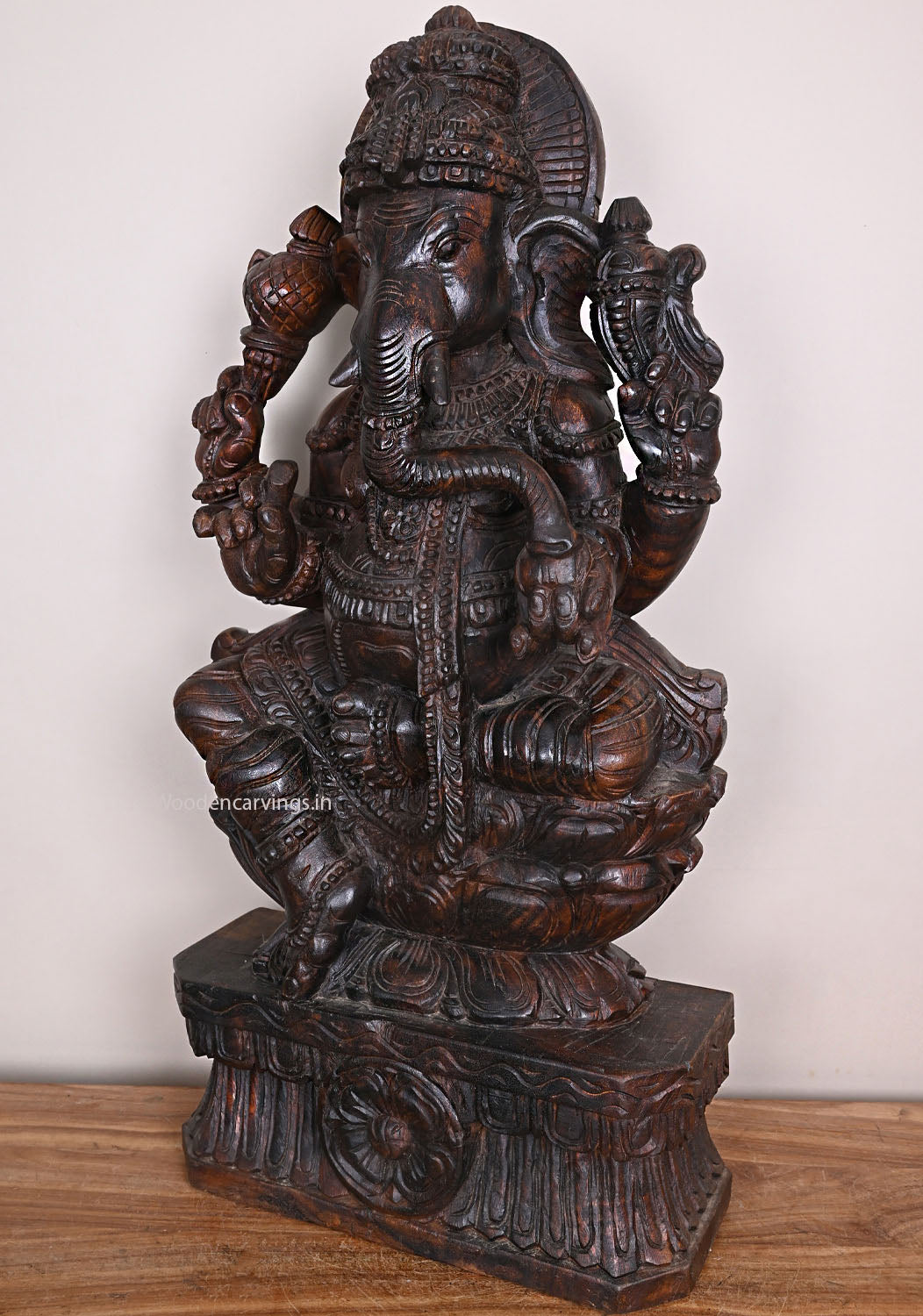 Wooden Ganapathy Eating Mothak on Double Petal Lotus Handcrafted Pooja Room Decor Vaagai Wood Sculpture 36"