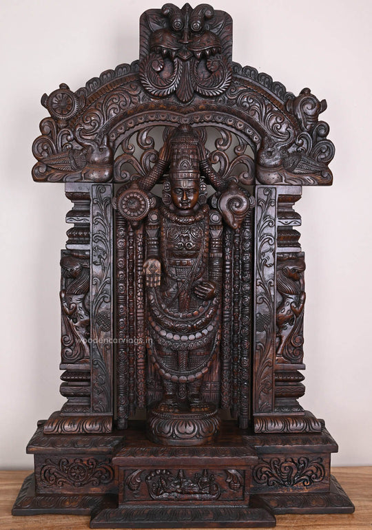 Decorative Wooden Lord Balaji Standing Prabhavali With Pillar and Arch Handcrafted Pooja Decor Sculpture 43"