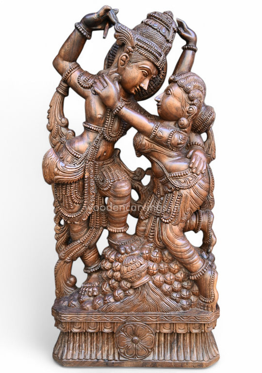 Stunning 49" Lord Krishna & Radha Wooden statue, Standing on Stones