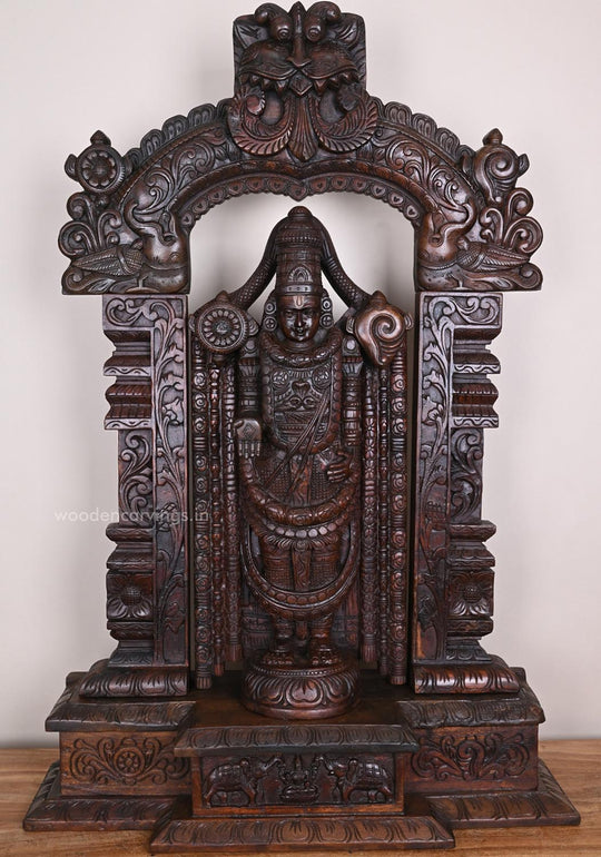 43" Home Decor Purpose Standing Wealthiest Balaji With Prabhavali and Pillar Yaazhi Handcrafted Wooden Sculpture