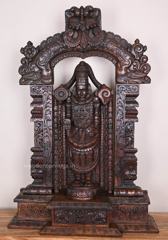 43" Home Decor Purpose Standing Wealthiest Balaji With Prabhavali and Pillar Yaazhi Handcrafted Wooden Sculpture