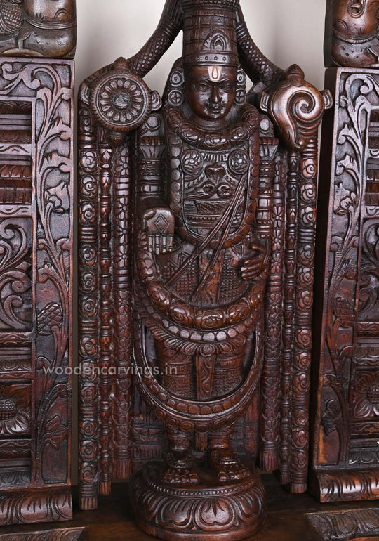 43" Home Decor Purpose Standing Wealthiest Balaji With Prabhavali and Pillar Yaazhi Handcrafted Wooden Sculpture