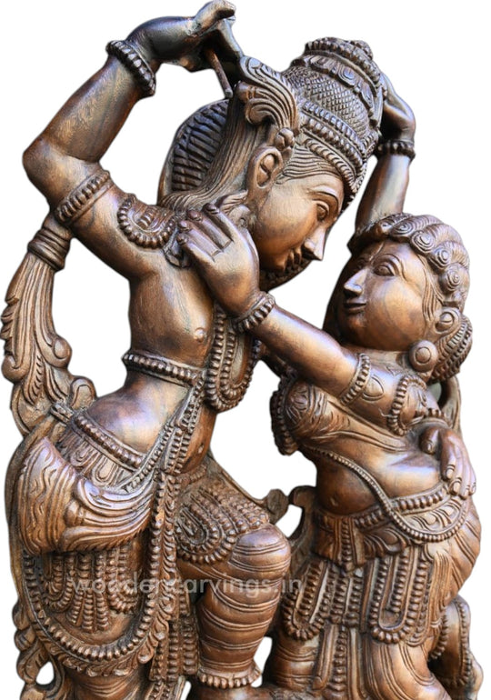 Stunning 49" Lord Krishna & Radha Wooden statue, Standing on Stones