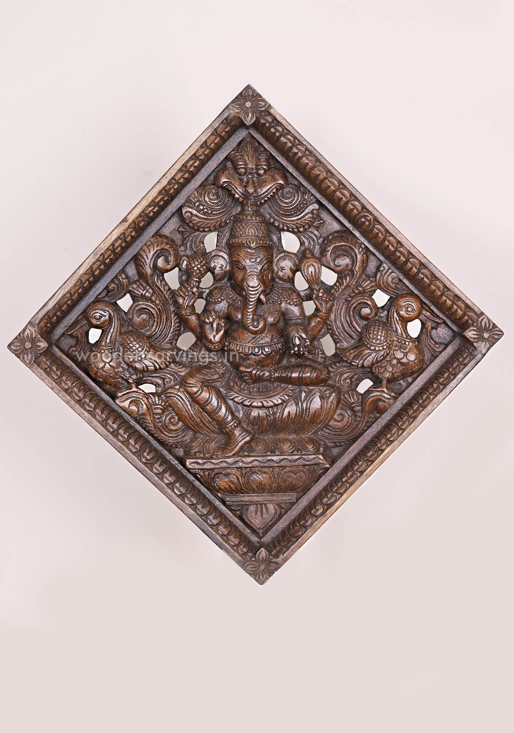 Rhombus Shape Carved Unique Fine Finishing Light Weight Lord Ganapathy With Standing Hamsa Bird Wall Mount 20"