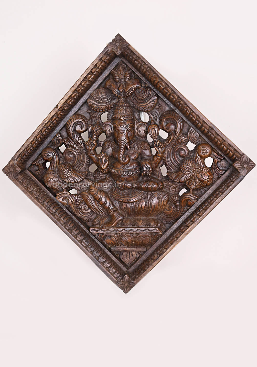 Rhombus Shape Carved Unique Fine Finishing Light Weight Lord Ganapathy With Standing Hamsa Bird Wall Mount 20"