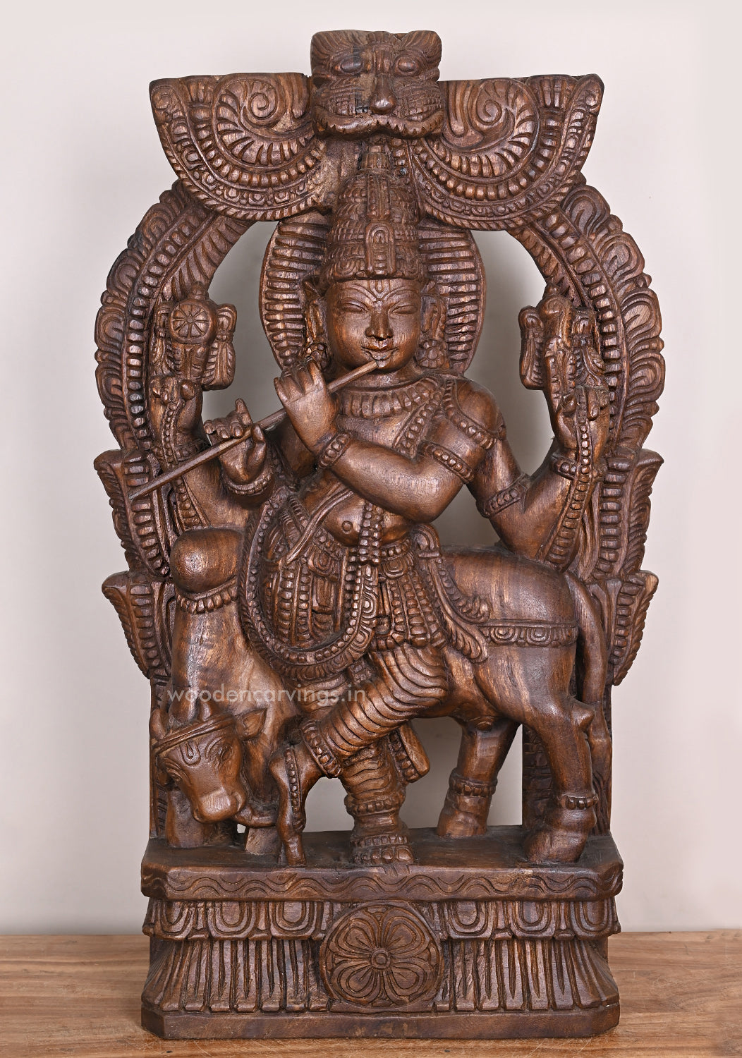 Preety Prabavali Fluting Lord Murthi Krishna Standing With Cow Beautiful Fine Finishing Wax Brown Sculpture 36.5"