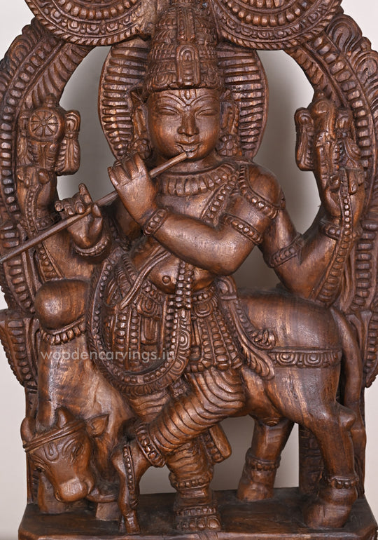 Preety Prabavali Fluting Lord Murthi Krishna Standing With Cow Beautiful Fine Finishing Wax Brown Sculpture 36.5"