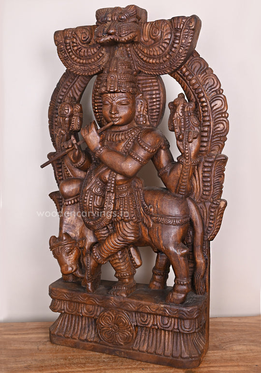 Preety Prabavali Fluting Lord Murthi Krishna Standing With Cow Beautiful Fine Finishing Wax Brown Sculpture 36.5"