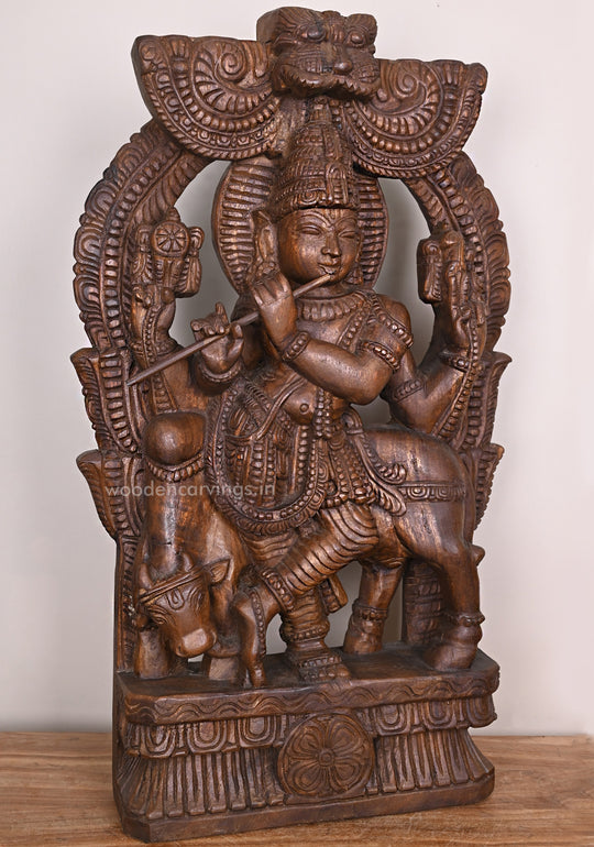 Preety Prabavali Fluting Lord Murthi Krishna Standing With Cow Beautiful Fine Finishing Wax Brown Sculpture 36.5"