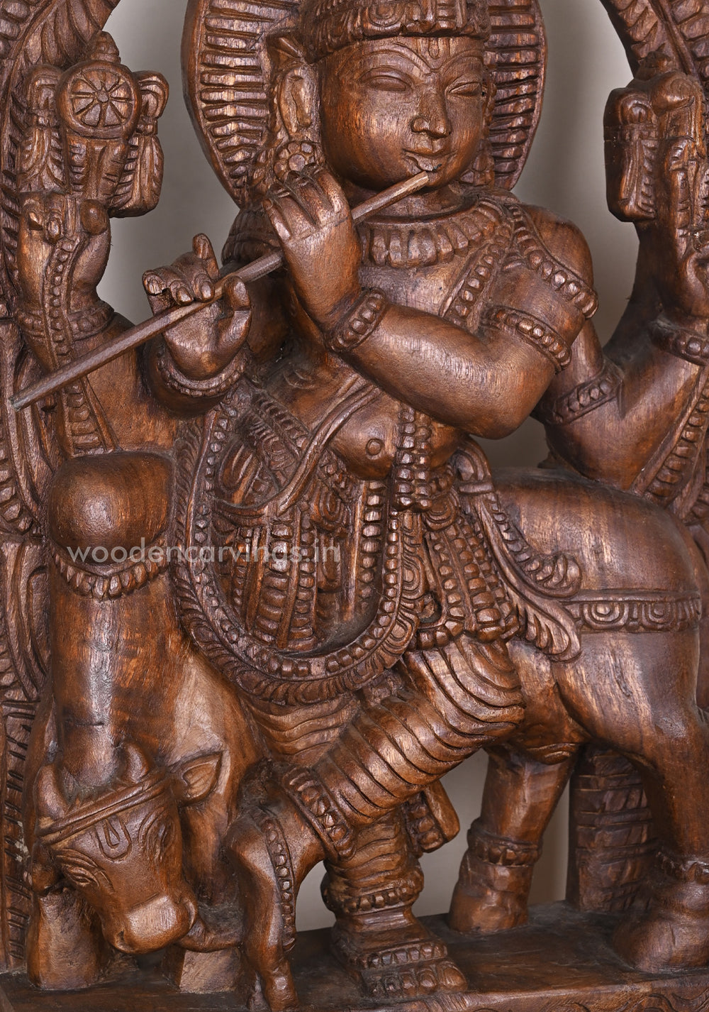 Preety Prabavali Fluting Lord Murthi Krishna Standing With Cow Beautiful Fine Finishing Wax Brown Sculpture 36.5"