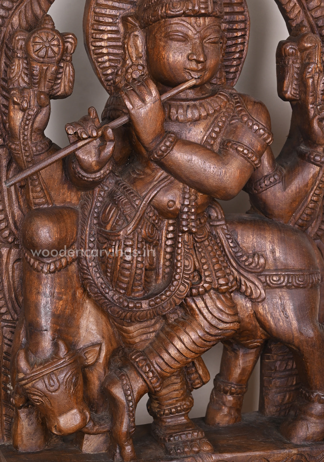 Preety Prabavali Fluting Lord Murthi Krishna Standing With Cow Beautiful Fine Finishing Wax Brown Sculpture 36.5"