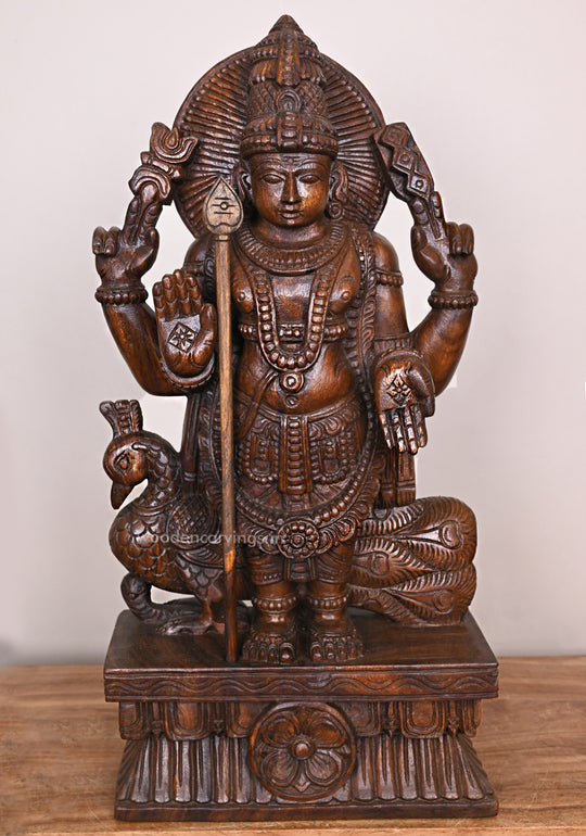 Blessing Standing Lord Muruga WIth Velayutha and Vahana Peacock Wax Brown Finishing Sculpture 25"