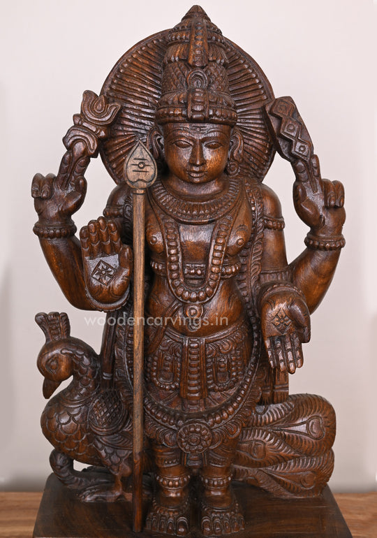 Blessing Standing Lord Muruga WIth Velayutha and Vahana Peacock Wax Brown Finishing Sculpture 25"