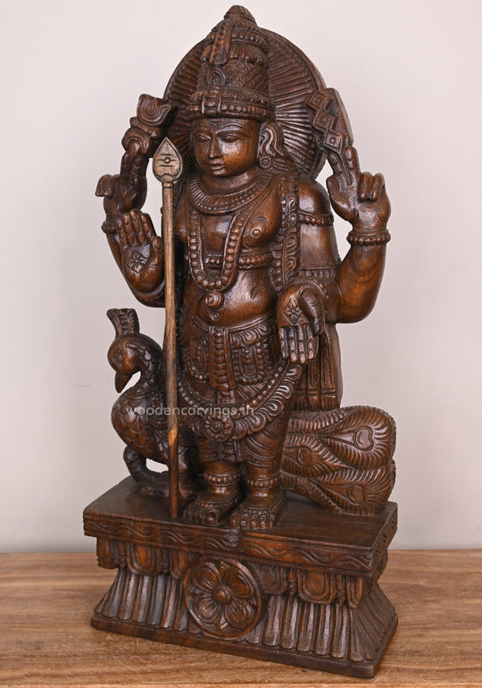 Blessing Standing Lord Muruga WIth Velayutha and Vahana Peacock Wax Brown Finishing Sculpture 25"