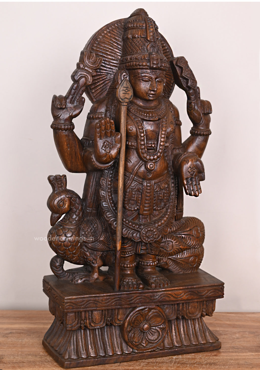 Blessing Standing Lord Muruga WIth Velayutha and Vahana Peacock Wax Brown Finishing Sculpture 25"