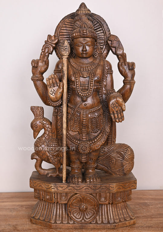 Standing Lord Muruga Holding Velayutha With Peacock Blessing Handcrafted Wax Brown Finishing Sculpture 24"