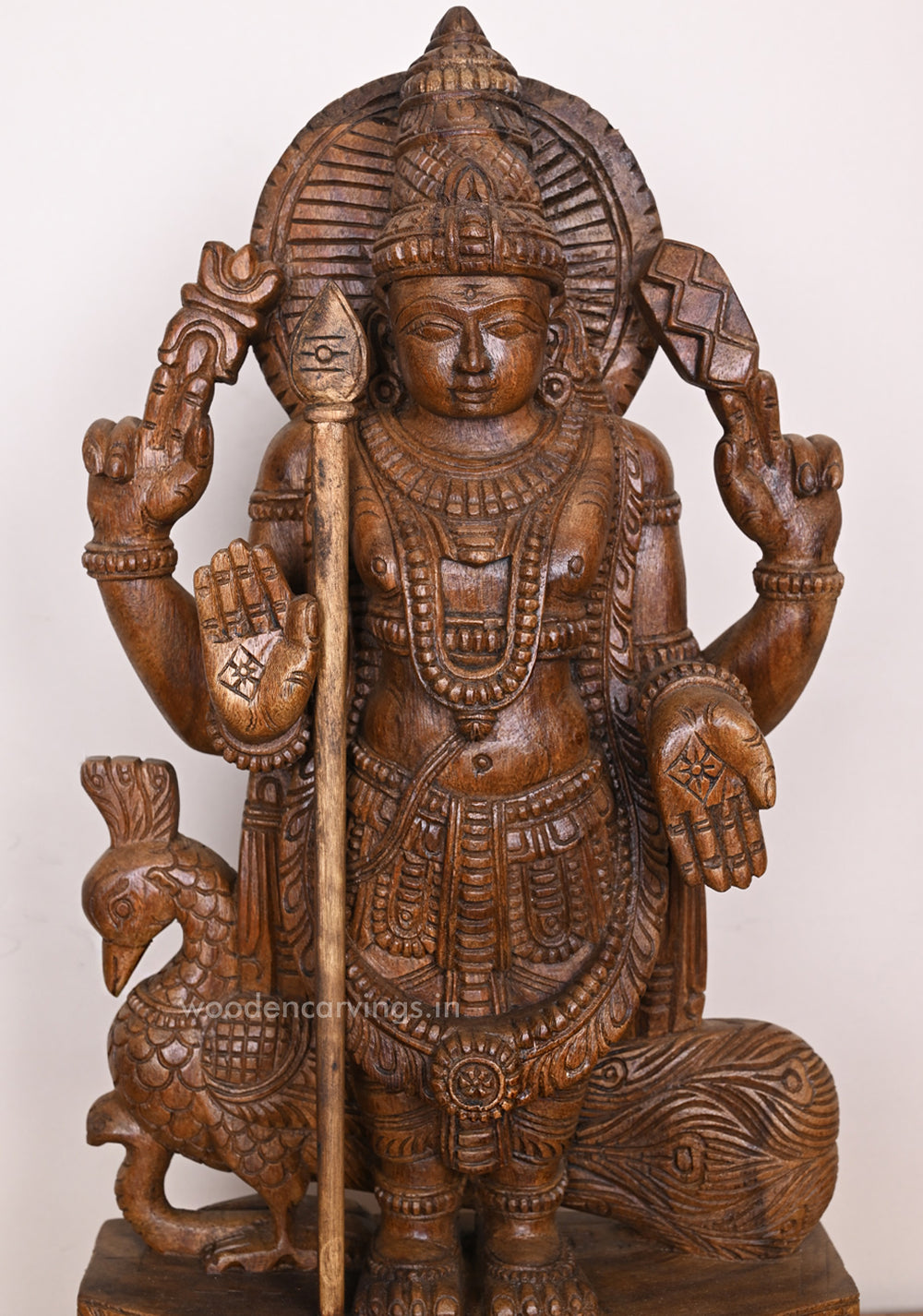 Standing Lord Muruga Holding Velayutha With Peacock Blessing Handcrafted Wax Brown Finishing Sculpture 24"