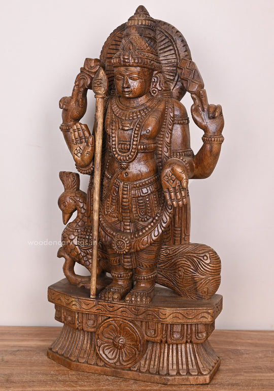 Standing Lord Muruga Holding Velayutha With Peacock Blessing Handcrafted Wax Brown Finishing Sculpture 24"