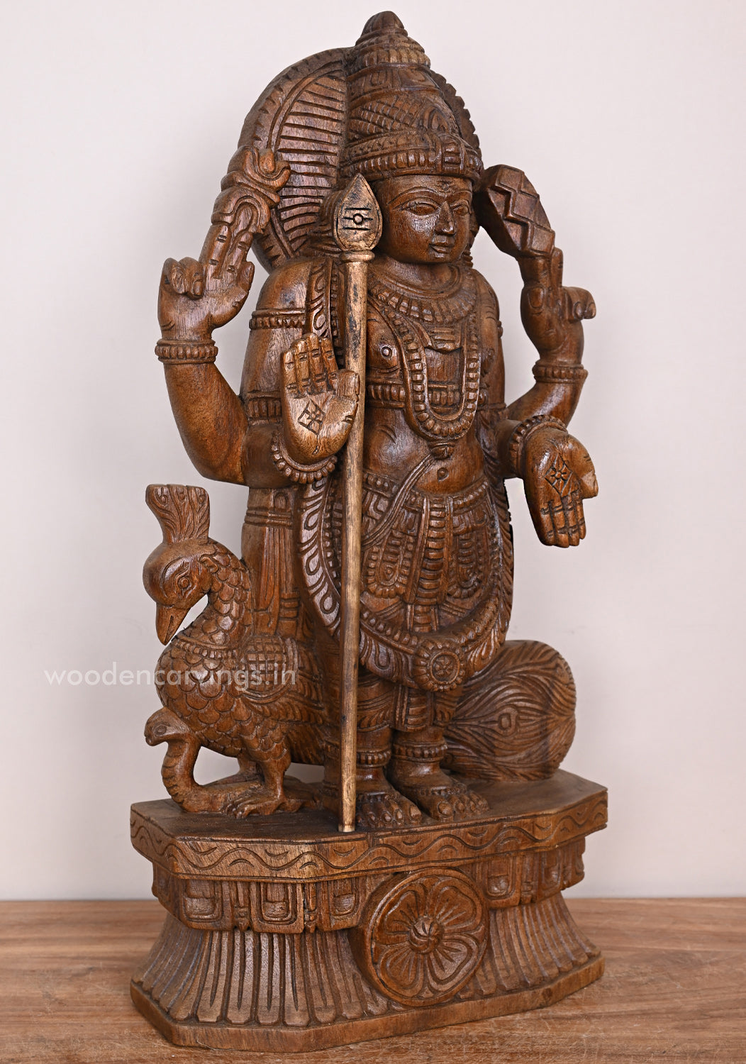 Standing Lord Muruga Holding Velayutha With Peacock Blessing Handcrafted Wax Brown Finishing Sculpture 24"