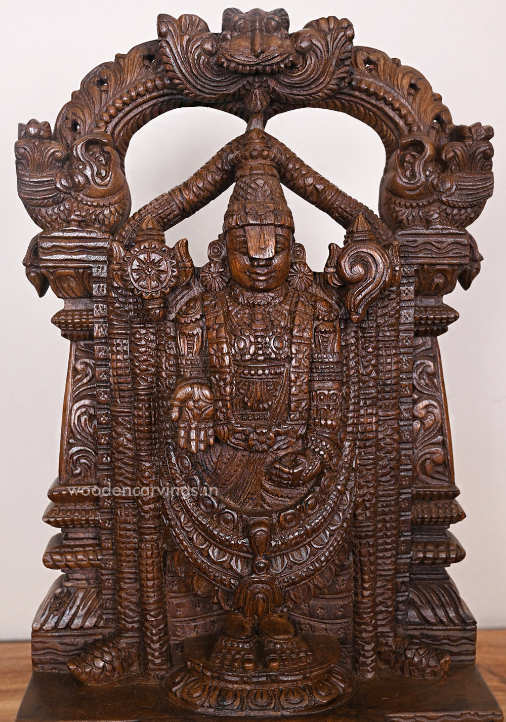 Wooden Tirumala Tirupathi Balaji Standing Light Weight Hooks Fixed Prabhavali Design Vaagai Wood Sculpture 19"