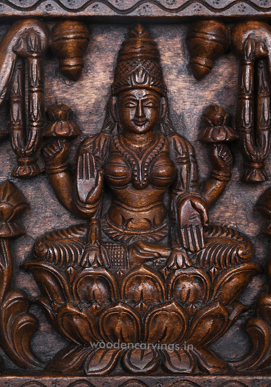 Auspicious Goddess GajaLakshmi With Kumba Kalasam Entrance Decoration Wooden Handcrafted Hooks Fixed Wall Panel 48"